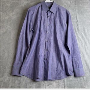 Hugo Boss Dress Shirt Mens 42 16 1/2 Blue Slim Fit Striped Button Up Linen Blend